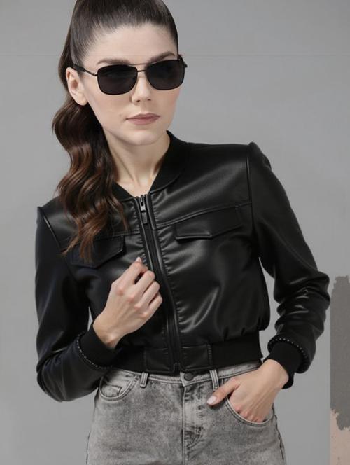 women black solid long sleeve leather jacket - 22224374 - Very Small Image - 1