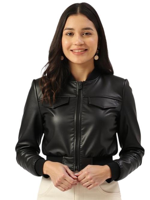 women black solid long sleeve leather jacket - 22224376 - Very Small Image - 1