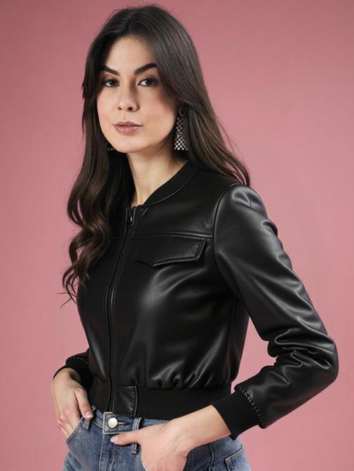 women black solid long sleeve leather jacket - 22224379 - Very Small Image - 1