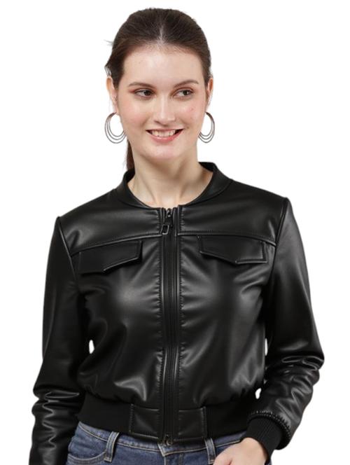 women black solid long sleeve leather jacket - 22224386 - Very Small Image - 1