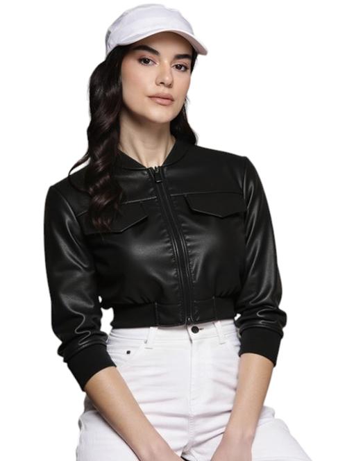 women black solid long sleeve leather jacket - 22224390 - Very Small Image - 1