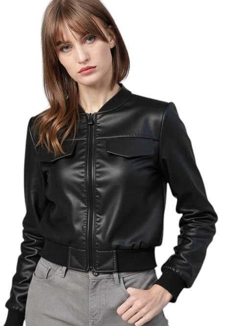 women black solid long sleeve leather jacket - 22224391 - Very Small Image - 1