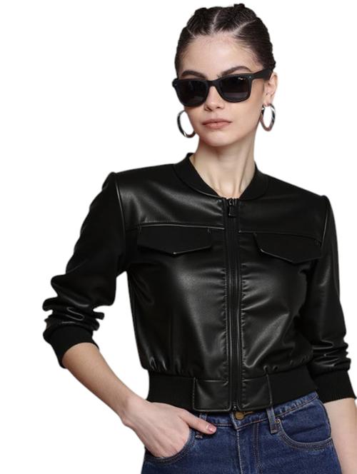 women black solid long sleeve leather jacket - 22224392 - Very Small Image - 1