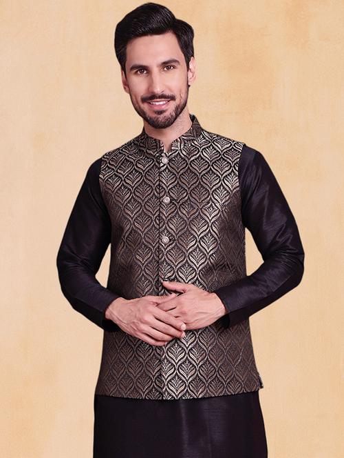 men self design mandarin neck regular fit nehru jacket - 22224575 - Very Small Image - 1