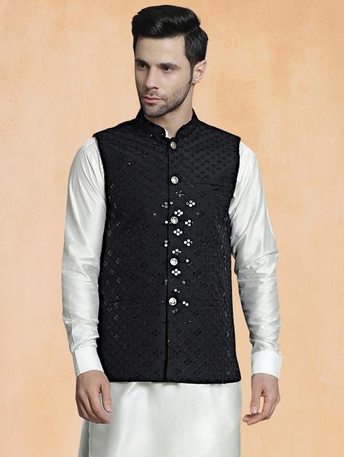 Men Solid With Work Mandarin Neck Regular Fit Nehru Jacket - 22224578 - Very Small Image - 1