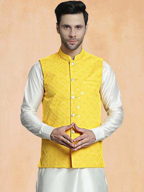 Men Solid With Work Mandarin Neck Regular Fit Nehru Jacket - 22224579 - Very Small Image - 1