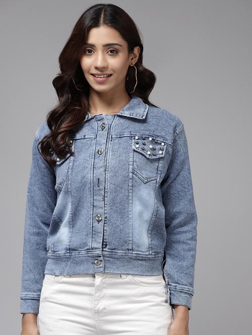 women solid with work long sleeve denim jacket - 22224902 - Very Small Image - 1