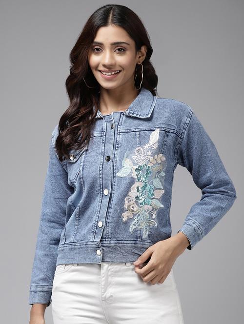 women solid with work long sleeve denim jacket - 22224905 - Very Small Image - 1