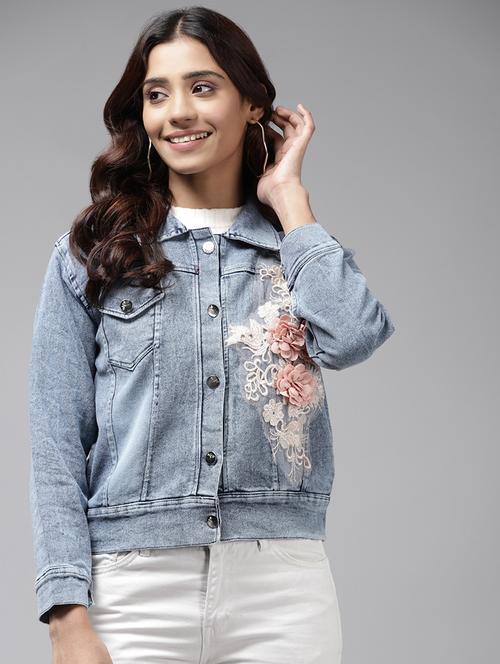 Women Solid With Work Long Sleeve Denim Jacket - 22224906 - Very Small Image - 1