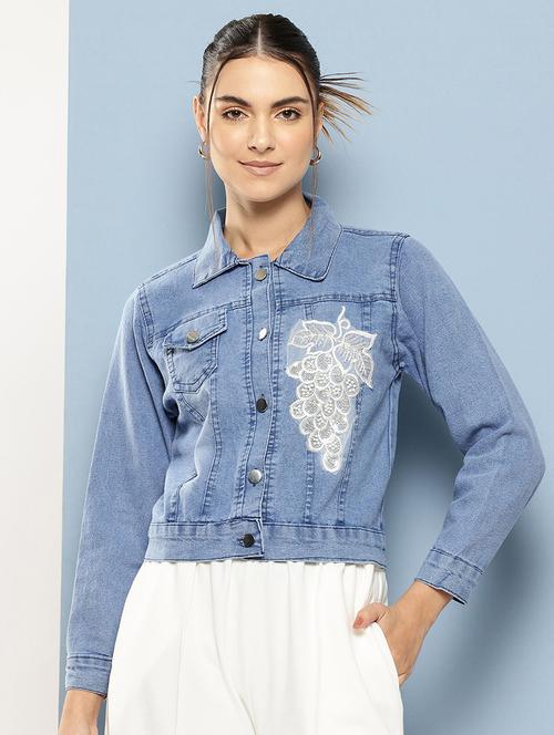 women solid with work long sleeve denim jacket - 22224923 - Very Small Image - 1