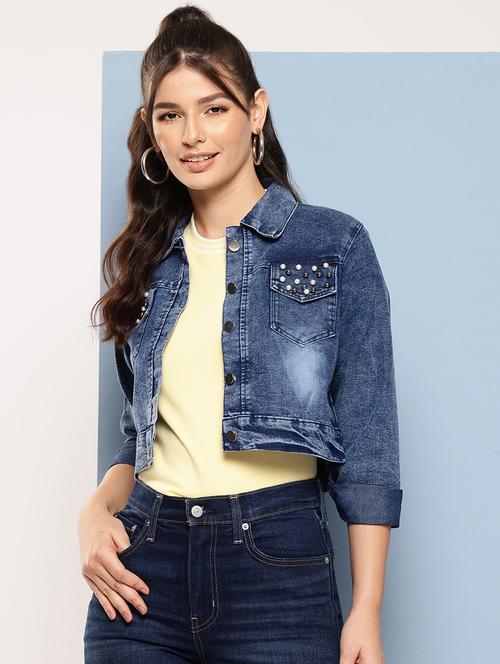 women solid with work long sleeve denim jacket - 22224928 - Very Small Image - 1