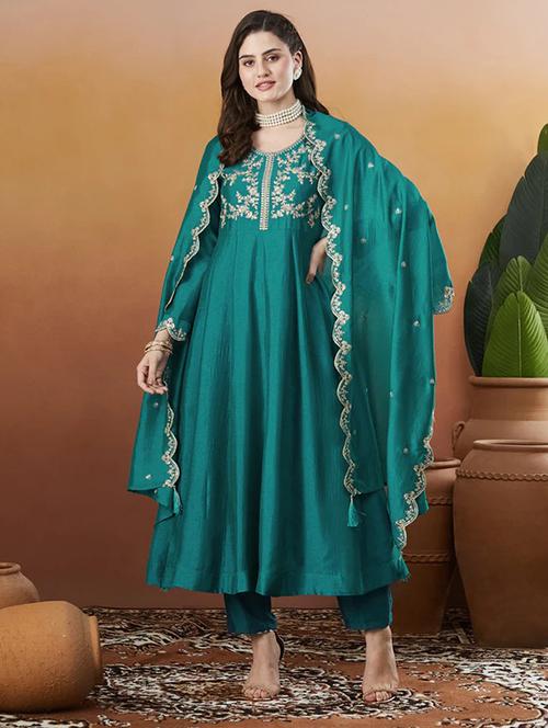 women solid with work long sleeve kurta pant with dupatta set - 22225271 - Very Small Image - 1