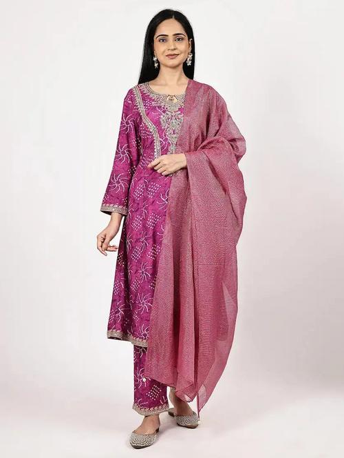 women bandhani printed long sleeve kurta pant with dupatta set - 22226590 - Very Small Image - 1