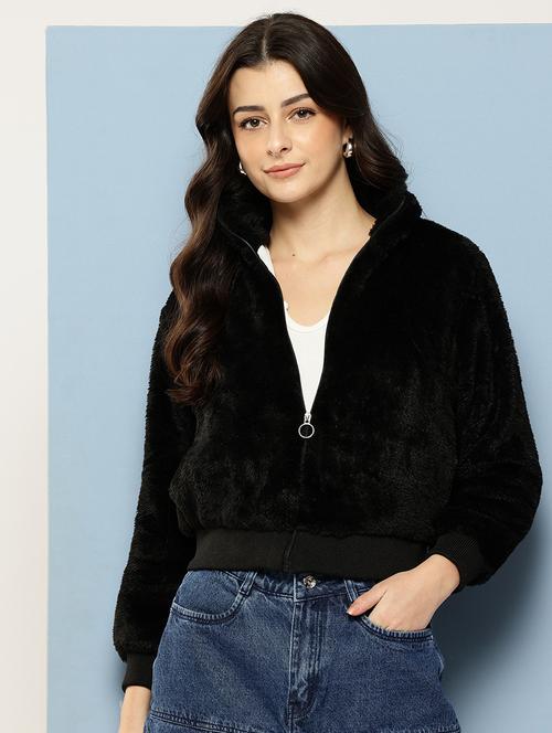 women solid stand collar long sleeve fur jacket  - 22227136 - Very Small Image - 1