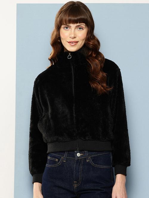 women solid stand collar long sleeve faux fur jacket - 22227139 - Very Small Image - 1