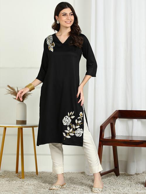 women solid with work three quarter sleeve straight kurta - 22227436 - Very Small Image - 1
