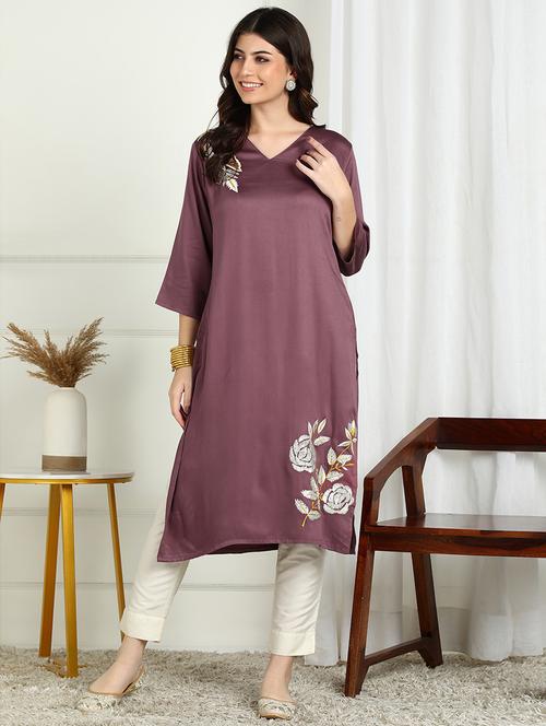 women solid with work three quarter sleeve straight kurta - 22227437 - Very Small Image - 1