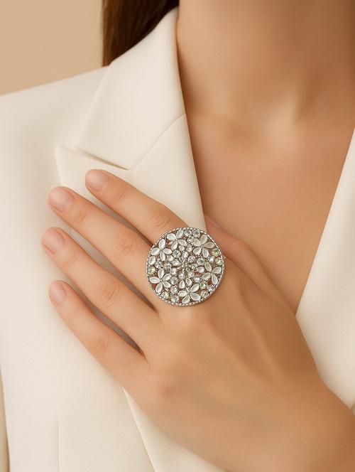 floral mirror work adjustable statement silver ring for women - 22227585 - Very Small Image - 1