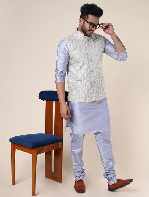 men solid mandarin neck kurta pyjama with jacket ethnic wear set - 22227986 - Very Small Image - 1