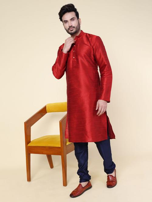 Men Solid Long Sleeve Kurta Churidar Ethnic Wear Set - 22228032 - Very Small Image - 1