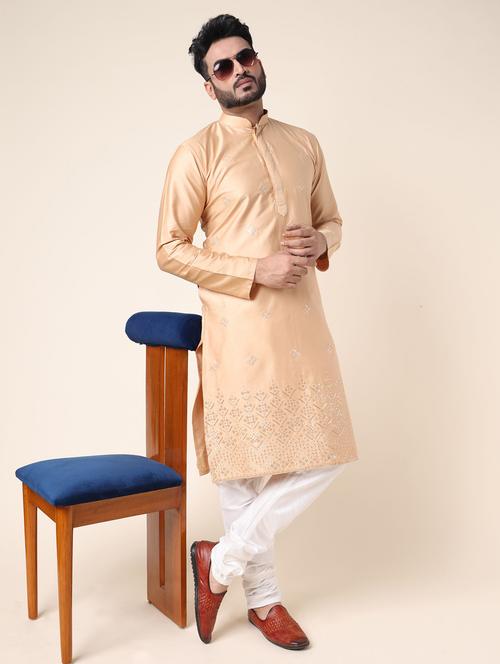 men solid with work long sleeve kurta churidar ethnic wear set - 22228052 - Very Small Image - 1