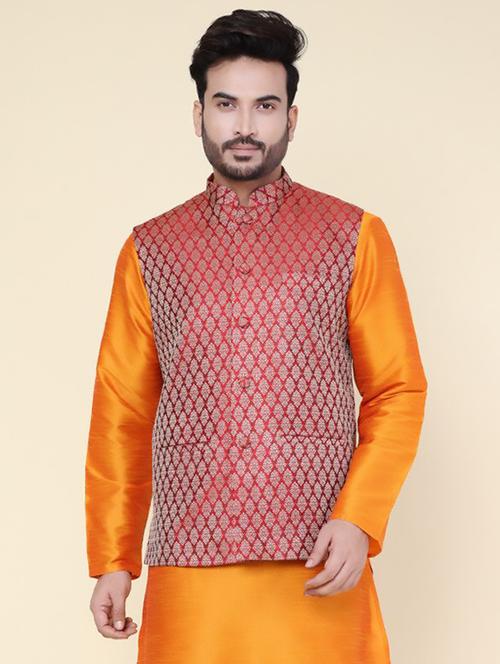 Men Self Design Mandarin Neck Regular Fit Nehru Jacket - 22228092 - Very Small Image - 1