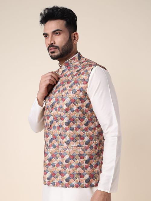 men printed mandarin neck regular fit nehru jacket - 22228100 - Very Small Image - 1