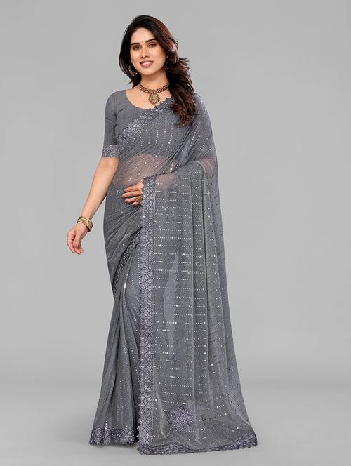 women solid with work embellished saree with blouse - 22228371 - Very Small Image - 1