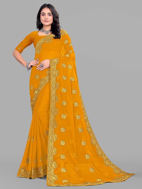women solid with work embroidered saree with blouse - 22228388 - Very Small Image - 1