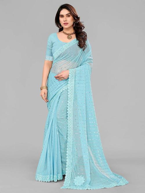 women solid with work embellished saree with blouse - 22228389 - Very Small Image - 1