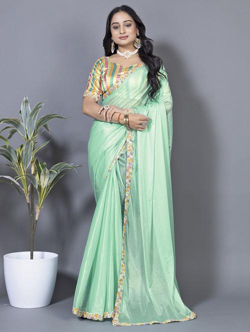 women solid with embellished bordered saree with blouse - 22228415 - Very Small Image - 1