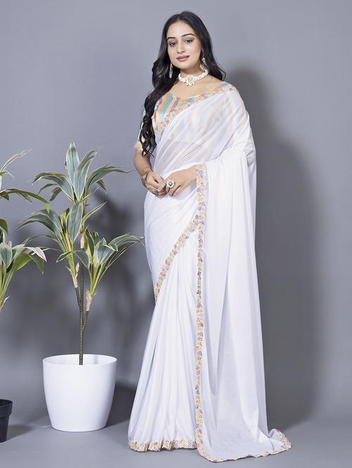women solid with embellished bordered saree with blouse - 22228418 - Very Small Image - 1