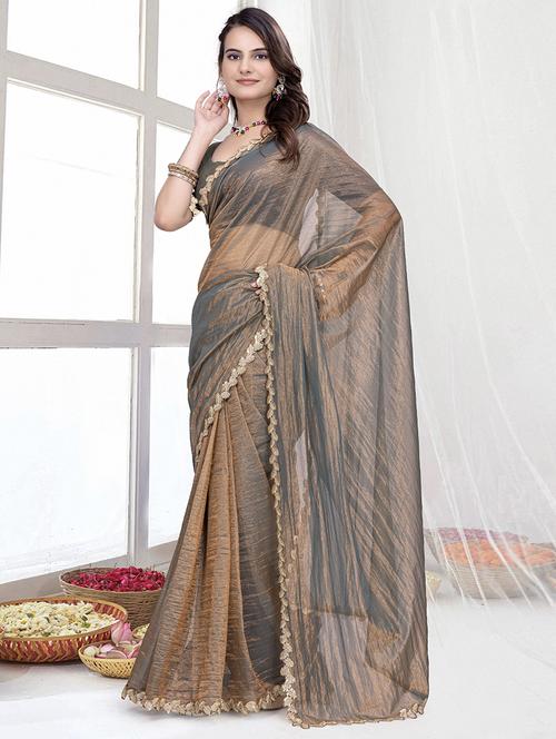 women solid with embellished bordered saree with blouse - 22228421 - Very Small Image - 1