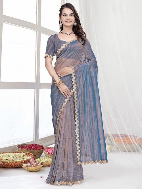 women solid with embellished bordered saree with blouse - 22228428 - Very Small Image - 1