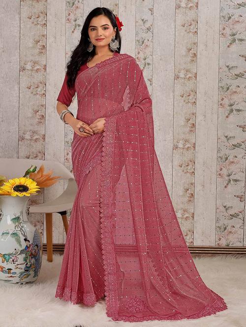 women solid with work embellished saree with blouse - 22228440 - Very Small Image - 1