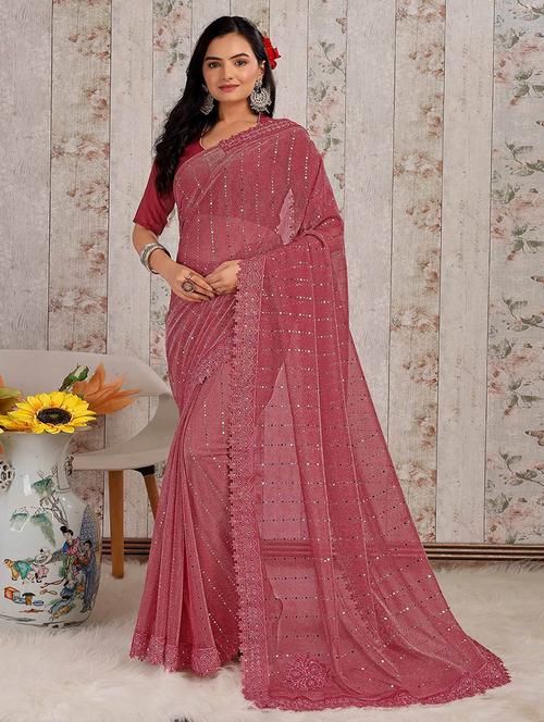 women solid with work embellished saree with blouse - 22228444 - Very Small Image - 1