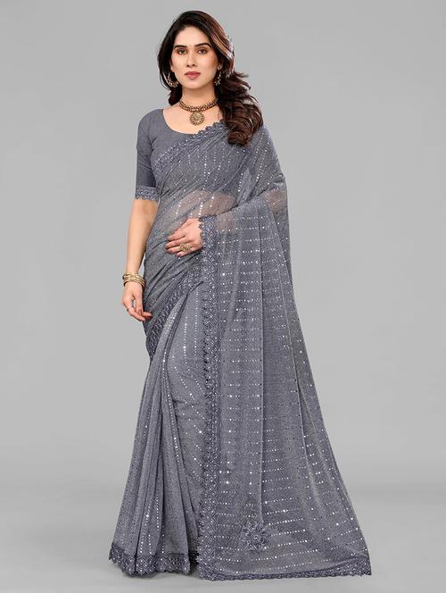 women solid with work embellished saree with blouse - 22228449 - Very Small Image - 1