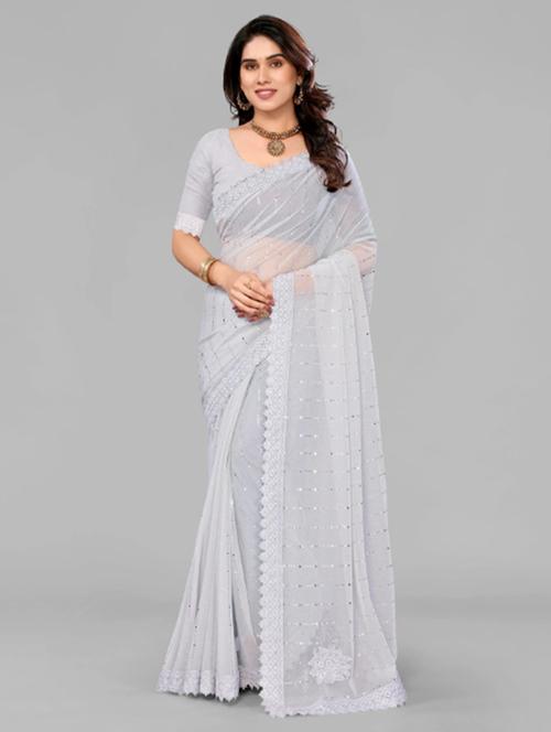 women solid with work embellished saree with blouse - 22228467 - Very Small Image - 1