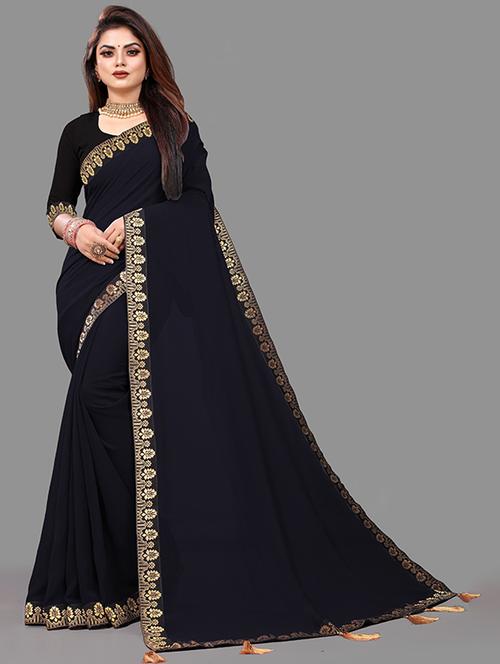 black georgette printed saree with blouse - 22228502 - Very Small Image - 1