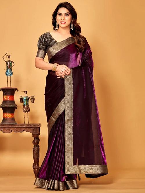 purple lycra blend printed saree with blouse - 22228509 - Very Small Image - 1