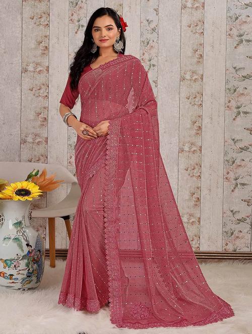 pink lycra blend printed saree with blouse - 22228553 - Very Small Image - 1