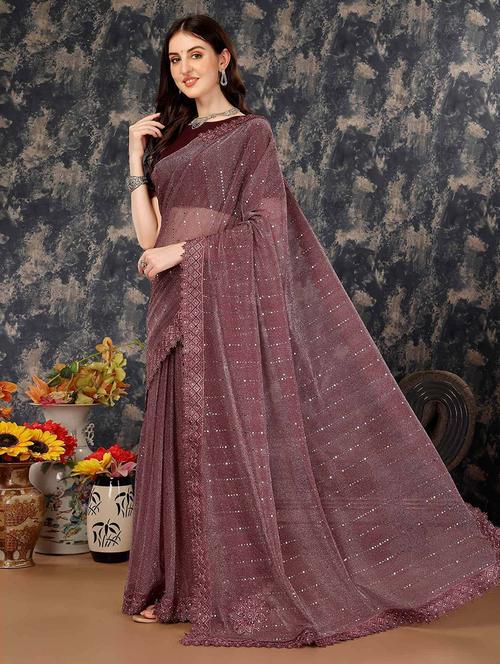 maroon lycra blend printed saree with blouse - 22228559 - Very Small Image - 1