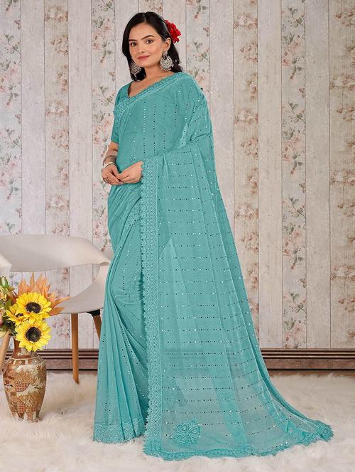 light blue lycra blend printed saree with blouse - 22228560 - Very Small Image - 1