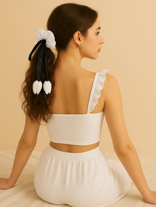 white satin tulip scrunchie with ribbon tails for women - 22228800 - Very Small Image - 1