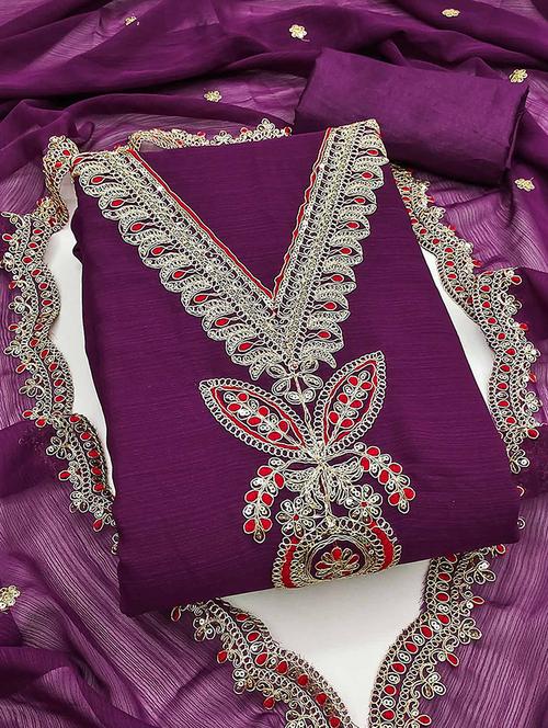 women solid with work unstitched suit set - 22231361 - Very Small Image - 1