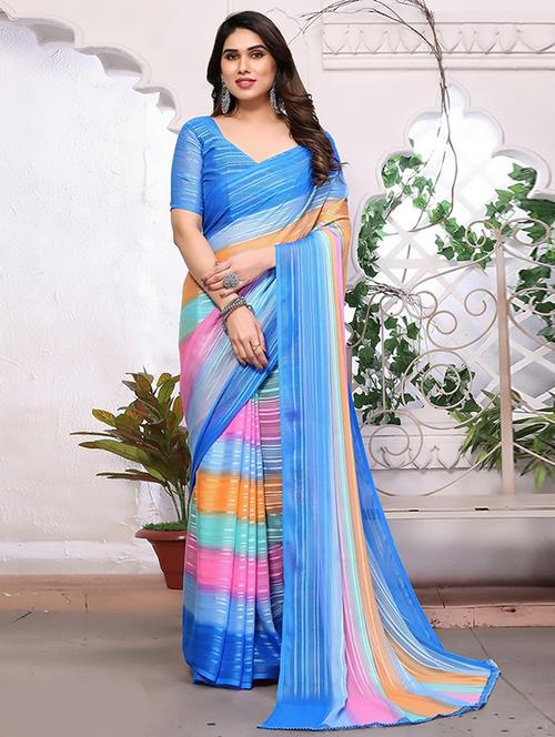 women striped printed saree with blouse - 22237965 - Very Small Image - 1