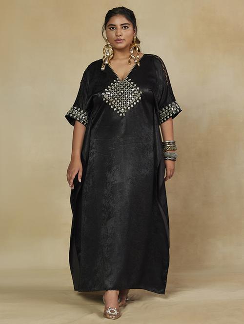 Women Solid With Work V Neck Kaftan Dress - 22238793 - Very Small Image - 1