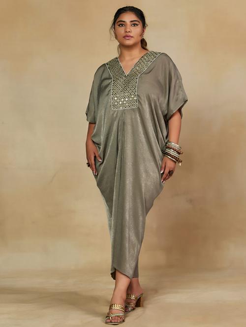 Women Solid With Work V Neck Asymmetric Ethnic Dress - 22238796 - Very Small Image - 1