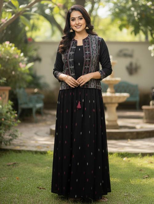 women printed three quarter sleeve flared ethnic dress - 22238822 - Very Small Image - 1