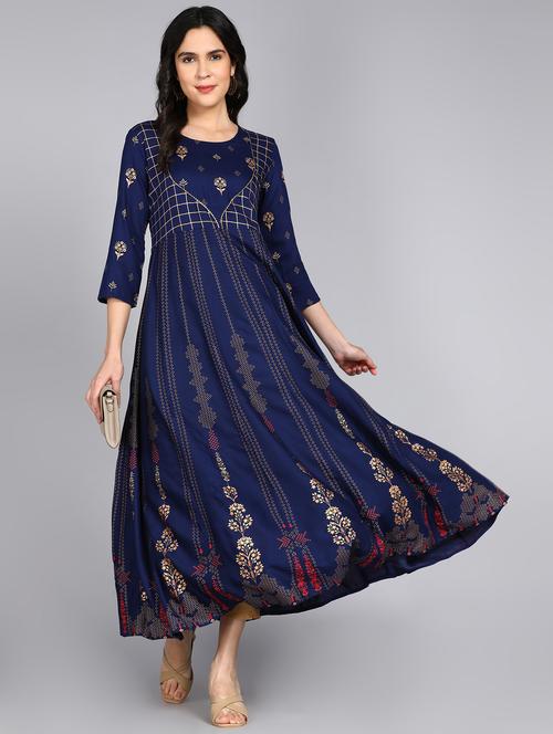 women foil print three quarter sleeve anarkali kurta - 22238826 - Very Small Image - 1